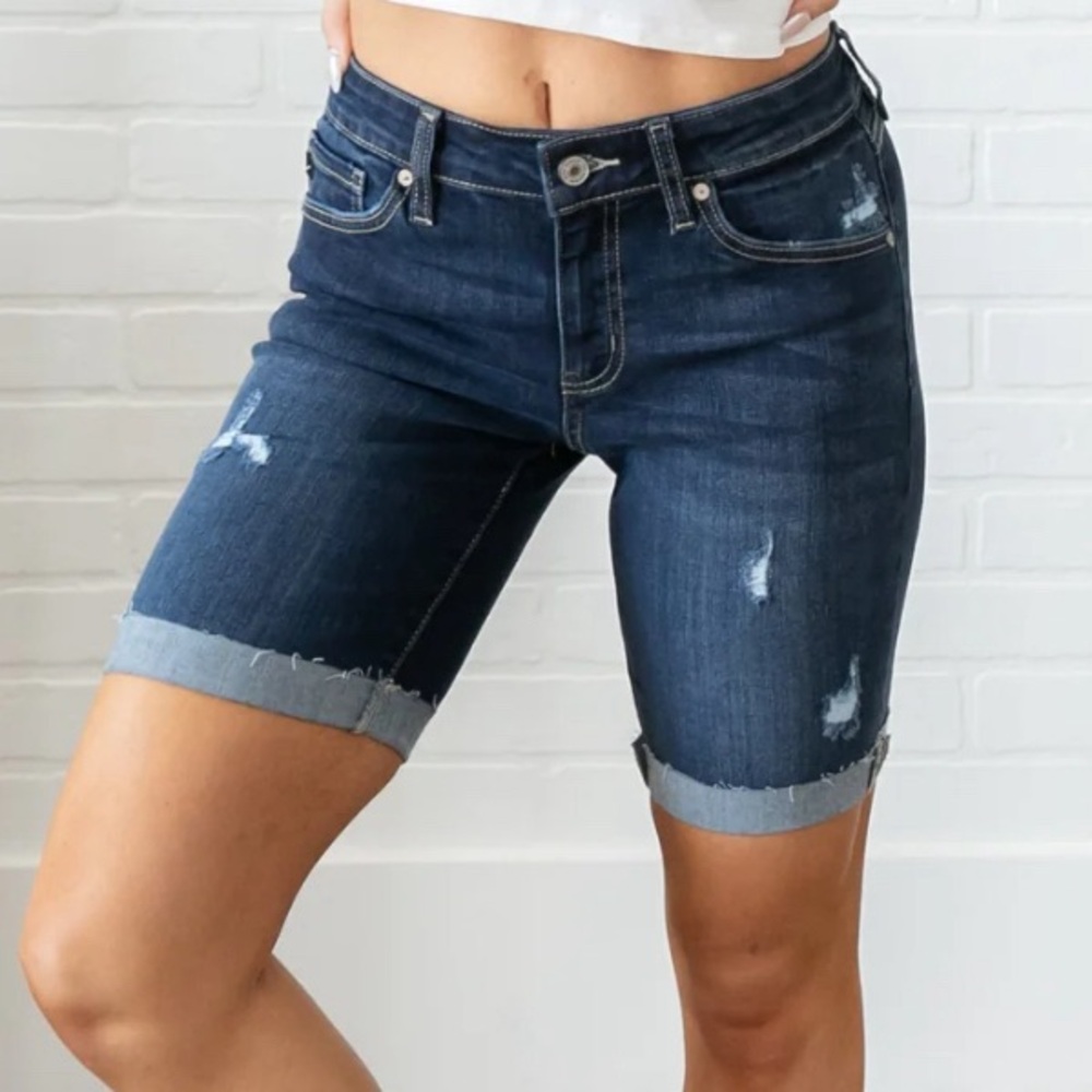 KANCAN Mid-Rise Cuffed Raw Hem Bermudas